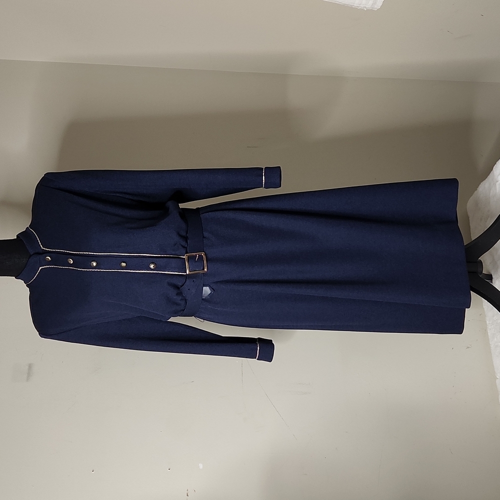 Vintage 70's blue  belted puff sleeve button front sweater dress. Secretary